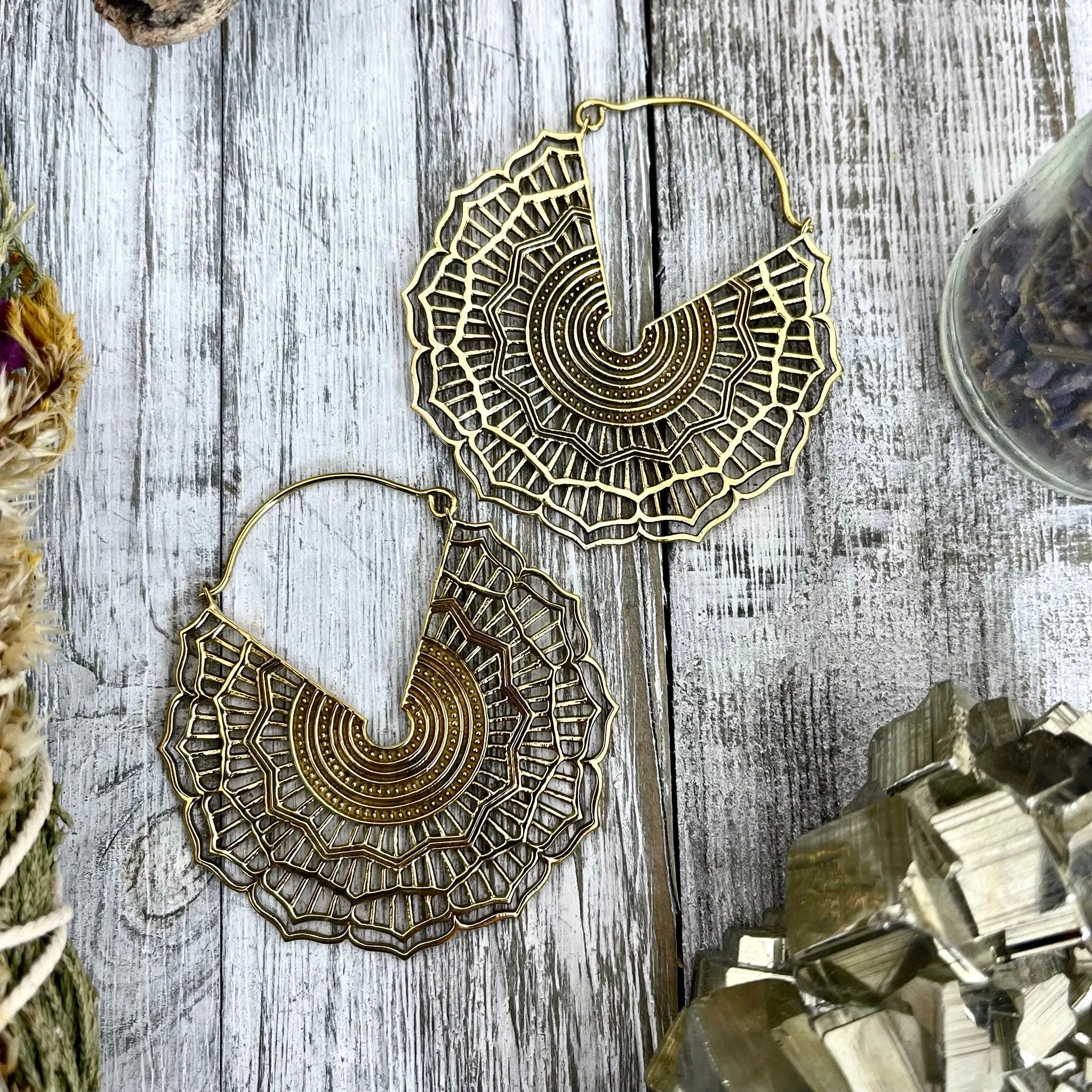 Large Brass Decorated Hoop Earrings