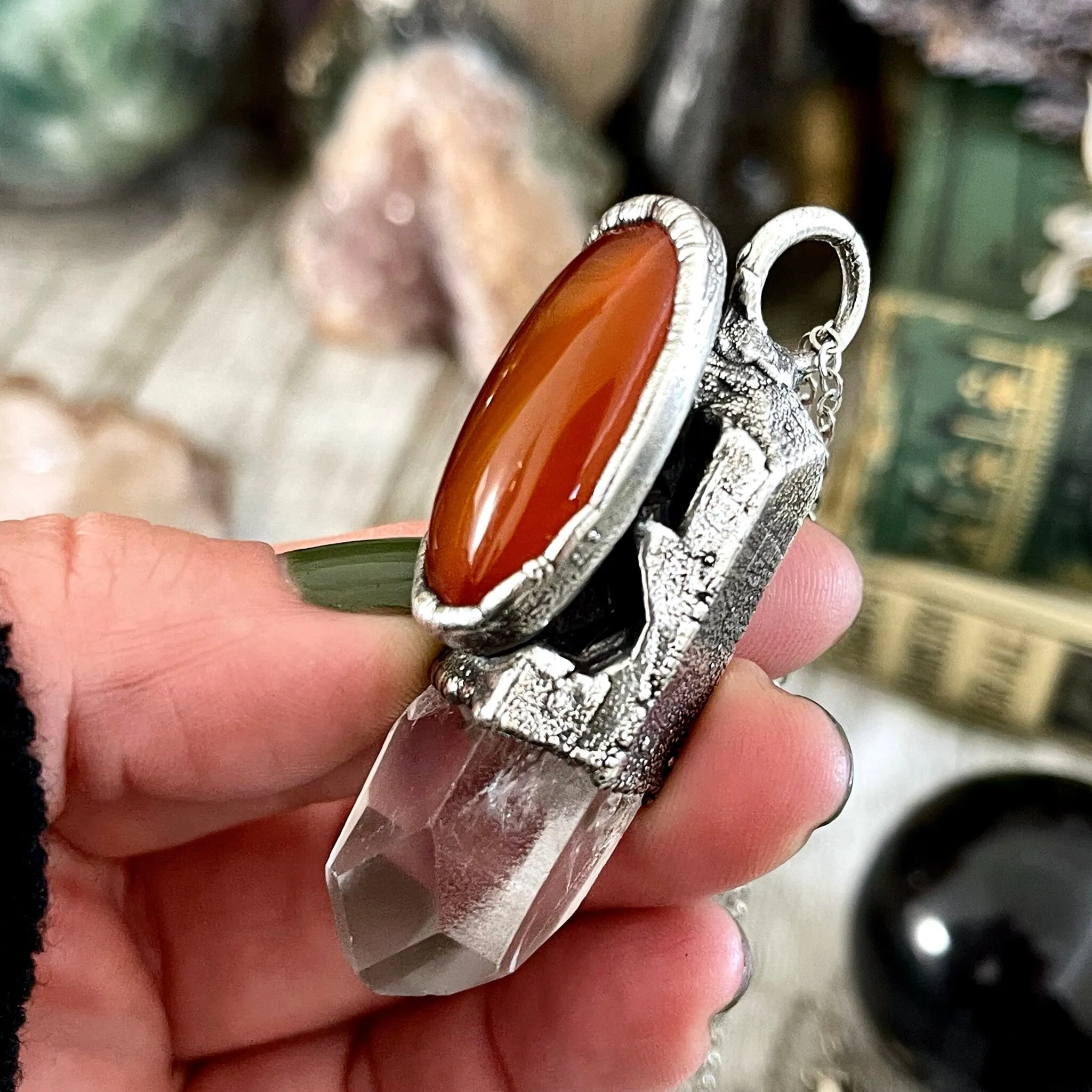 Large Raw Clear Quartz & Carnelian Crystal Statement Necklace in Fine Silver / Foxlark Collection - One of a Kind