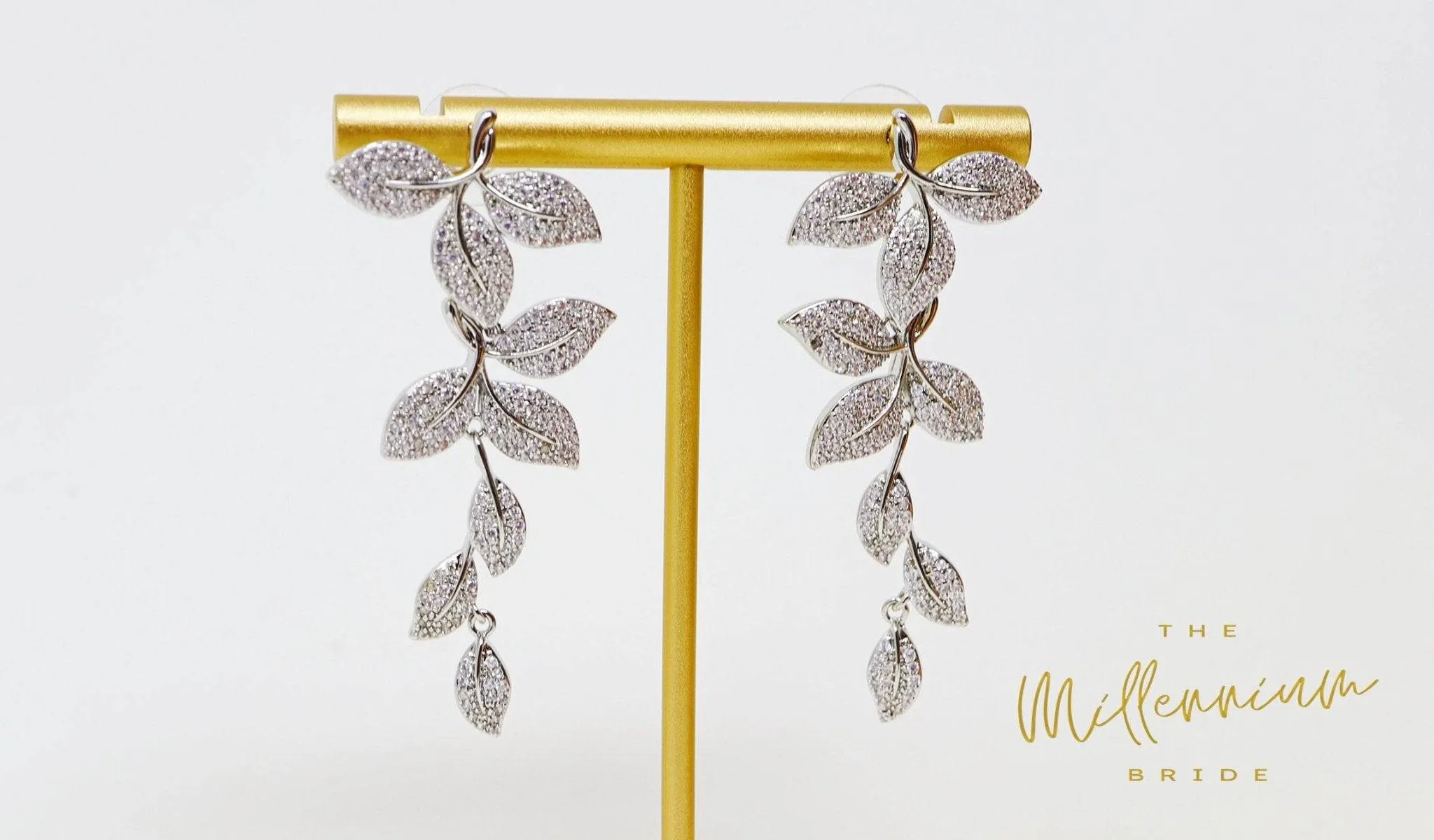 Long Bridal Vine Leaves Drop, Dangle Crystal, Diamond Earring, Long Bridal Jewelry, Crystal Bridal Earrings, Statement Earrings Cz