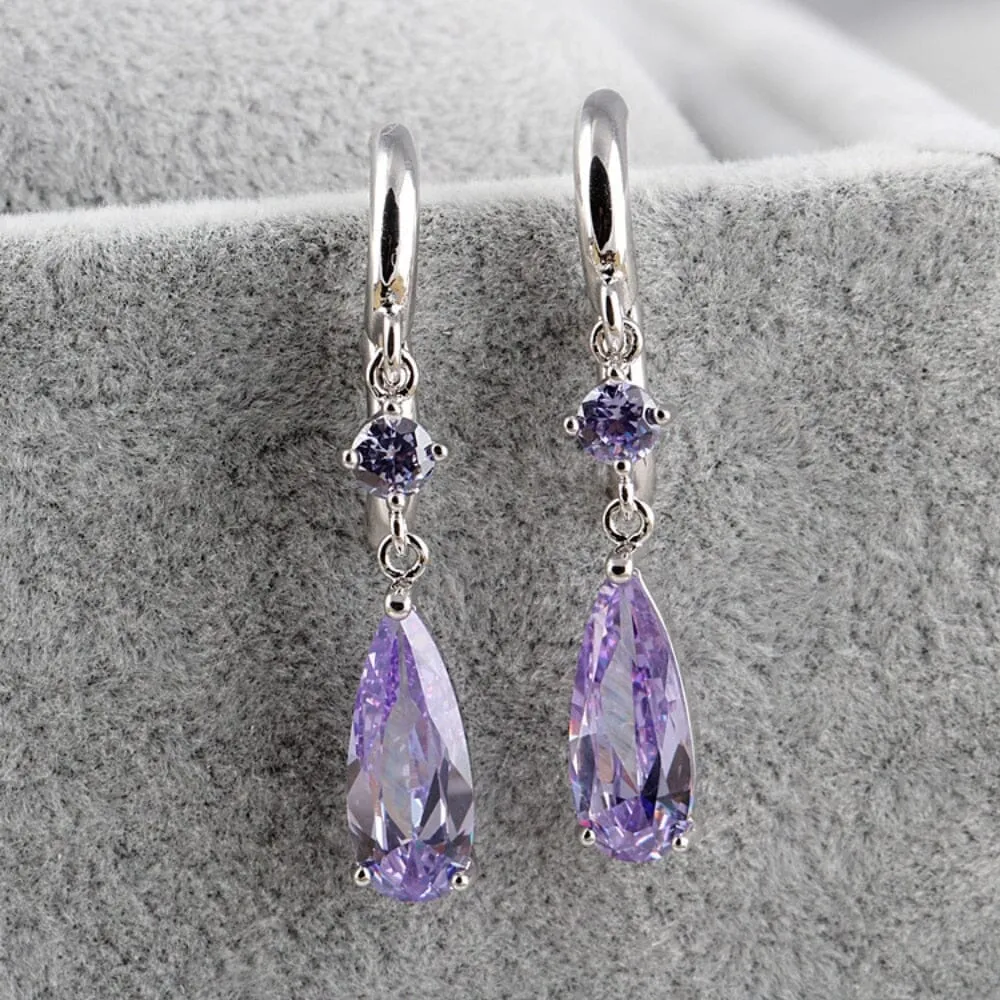 Luxury Women Water Drop Zircon Amethyst Earrings