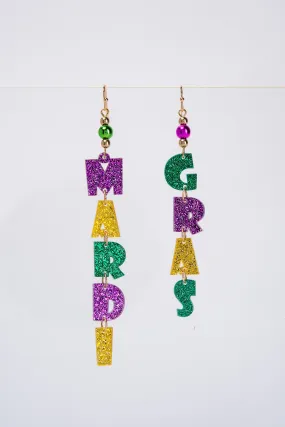 Mardi Gras Glitter Acetate Drop Letter Earrings