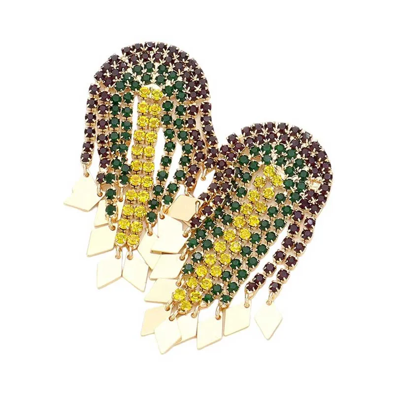 Mardi Gras Rhombus Tip Rhinestone Half Moon Fringe Earrings