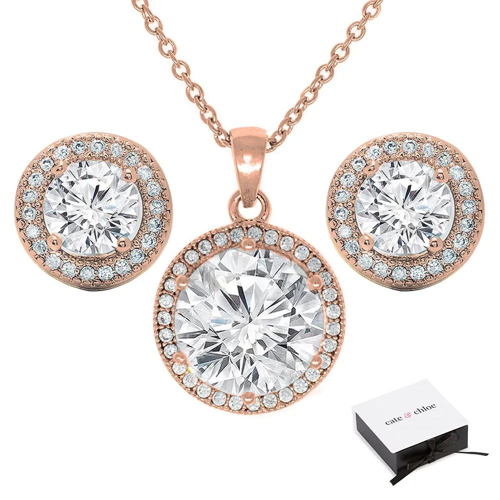 Mariah 18k Gold Round Cut CZ Halo Pendant Necklace and Earrings Jewelry Set