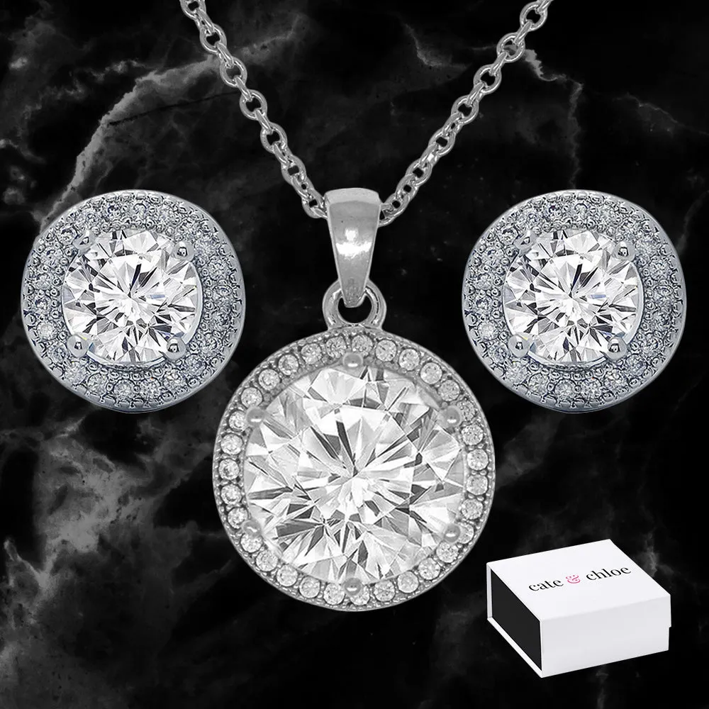 Mariah 18k Gold Round Cut CZ Halo Pendant Necklace and Earrings Jewelry Set