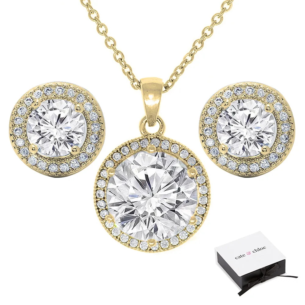 Mariah 18k Gold Round Cut CZ Halo Pendant Necklace and Earrings Jewelry Set