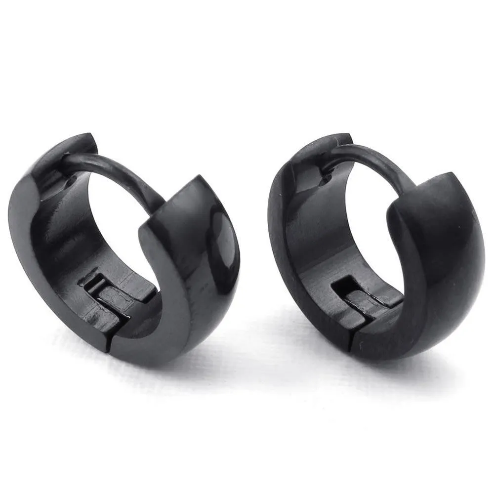 Men Stainless Steel Classic Plain Cambered Stud Huggie Hoop Earrings Set, Black