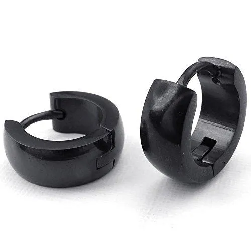 Men Stainless Steel Classic Plain Cambered Stud Huggie Hoop Earrings Set, Black