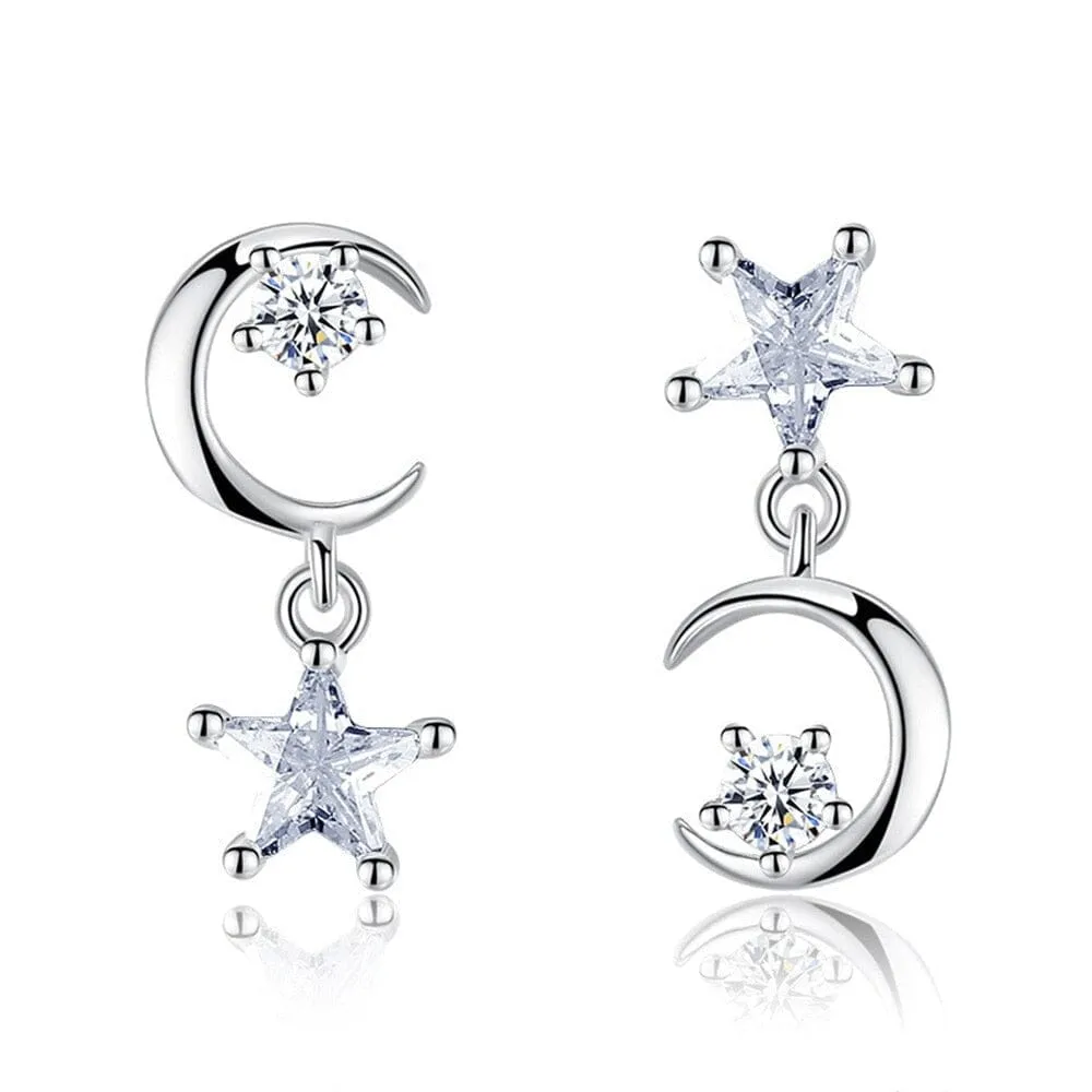 Moon/Star Asymmetric Punk Pendientes Earrings - 925 Sterling Silver