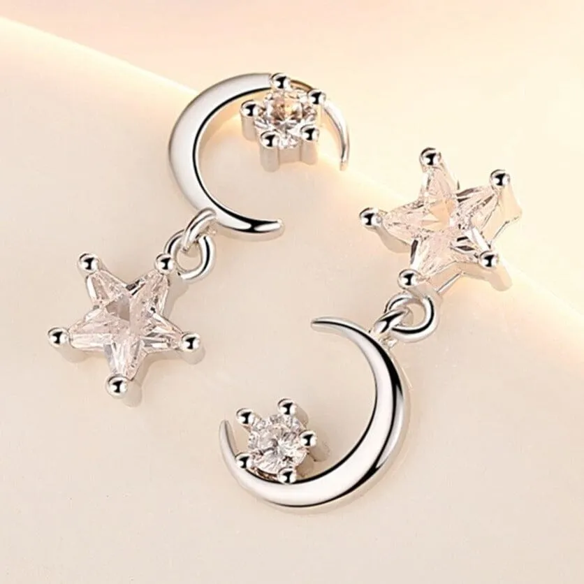 Moon/Star Asymmetric Punk Pendientes Earrings - 925 Sterling Silver