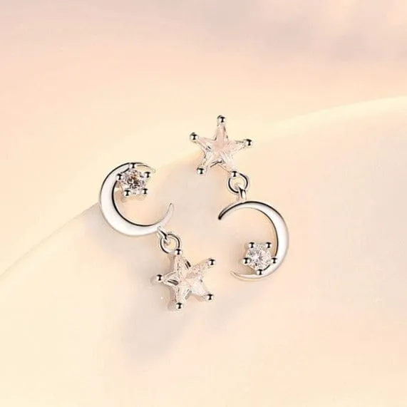 Moon/Star Asymmetric Punk Pendientes Earrings - 925 Sterling Silver