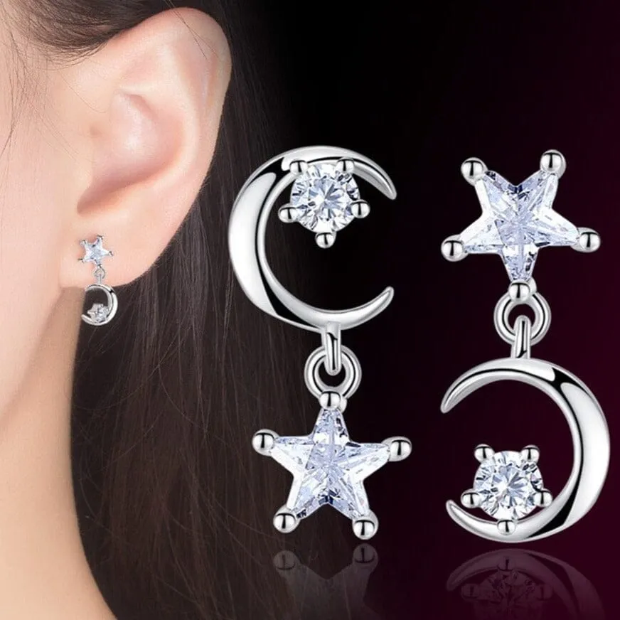 Moon/Star Asymmetric Punk Pendientes Earrings - 925 Sterling Silver