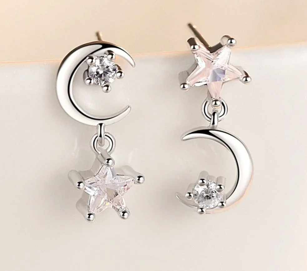 Moon/Star Asymmetric Punk Pendientes Earrings - 925 Sterling Silver