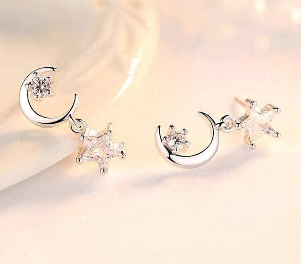 Moon/Star Asymmetric Punk Pendientes Earrings - 925 Sterling Silver