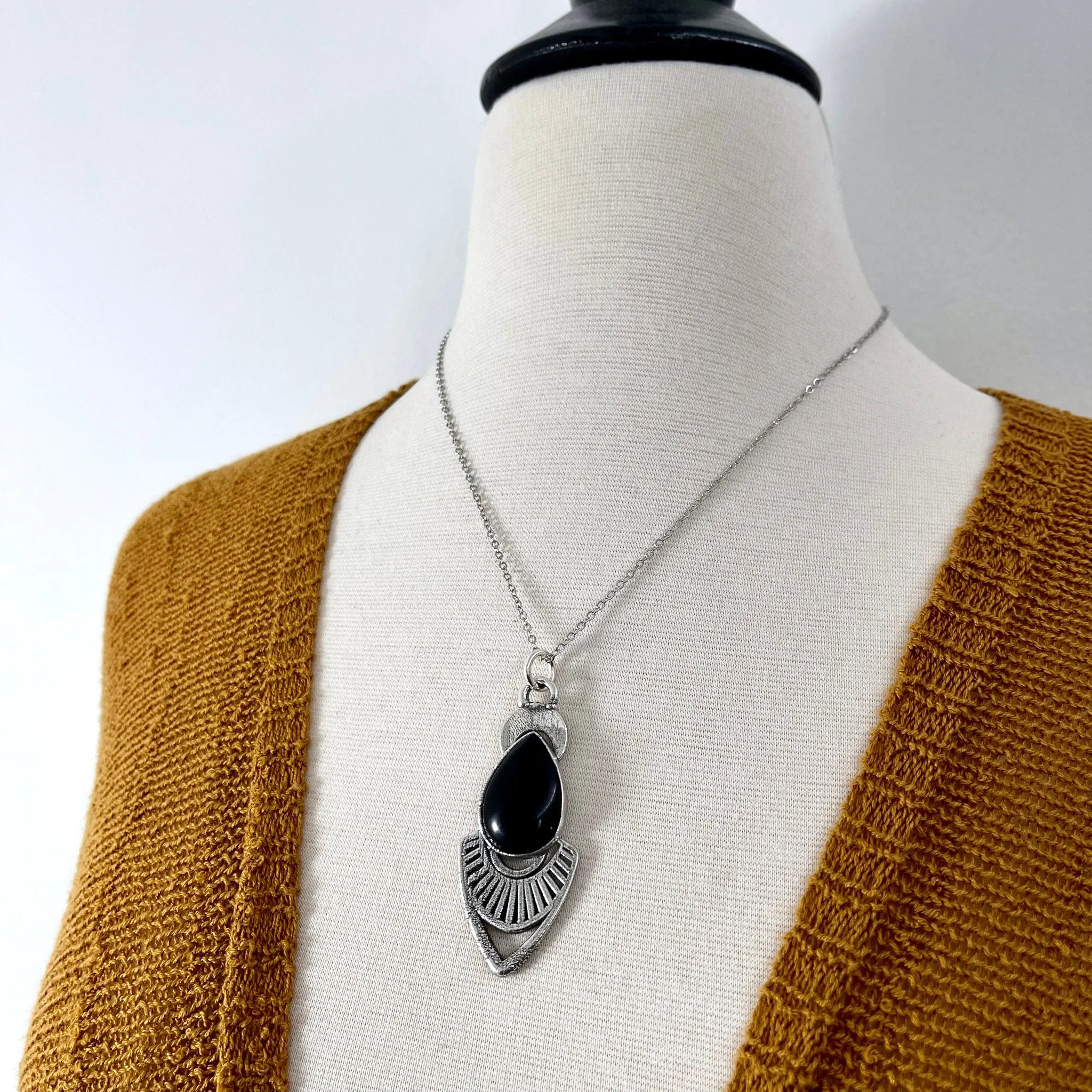 Moss & Moon Collection - Black Onyx Teardrop Necklace in Fine Silver /