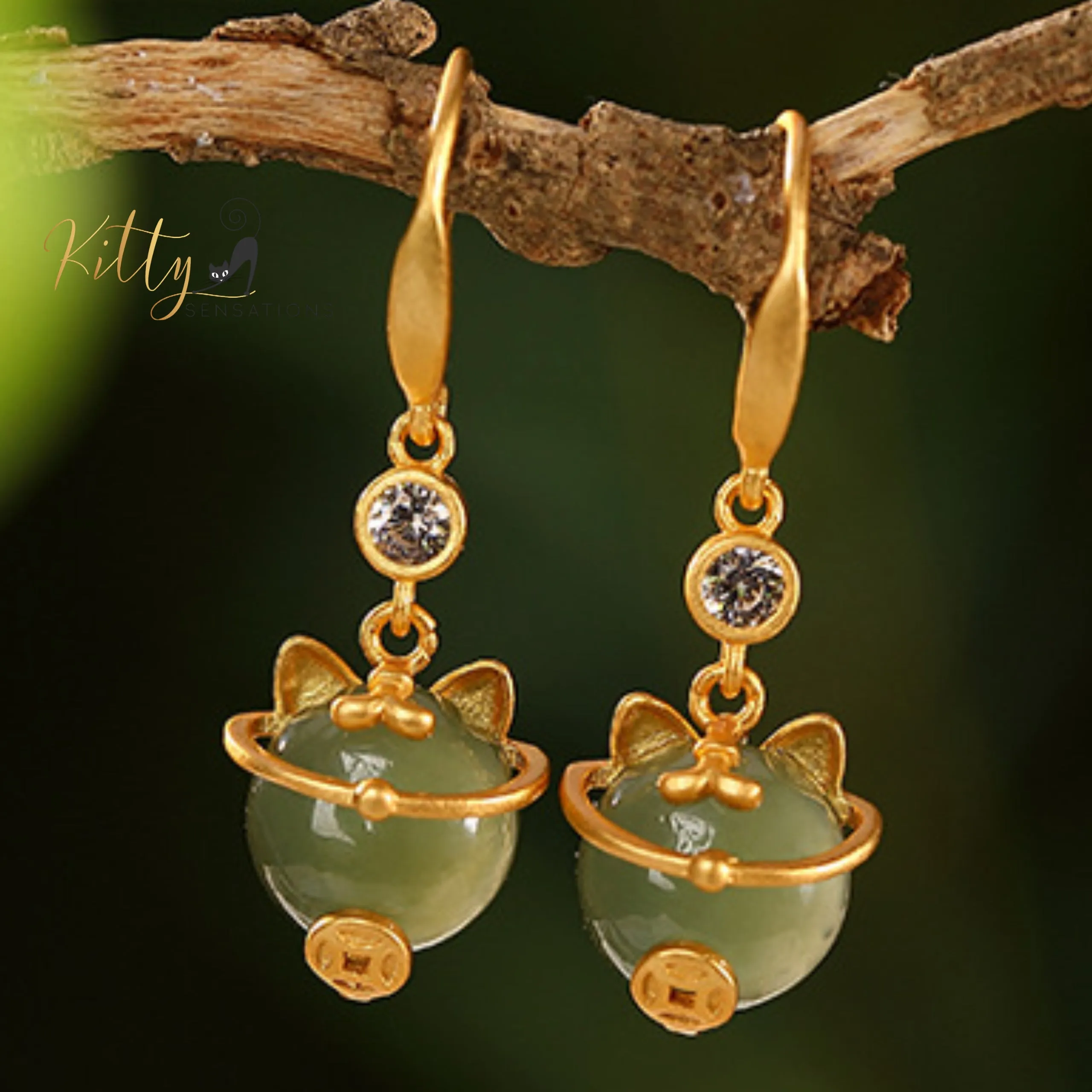 Natural Jade Cat Drop/Hook Earrings in Solid 925 Sterling Silver (Gold Plated)