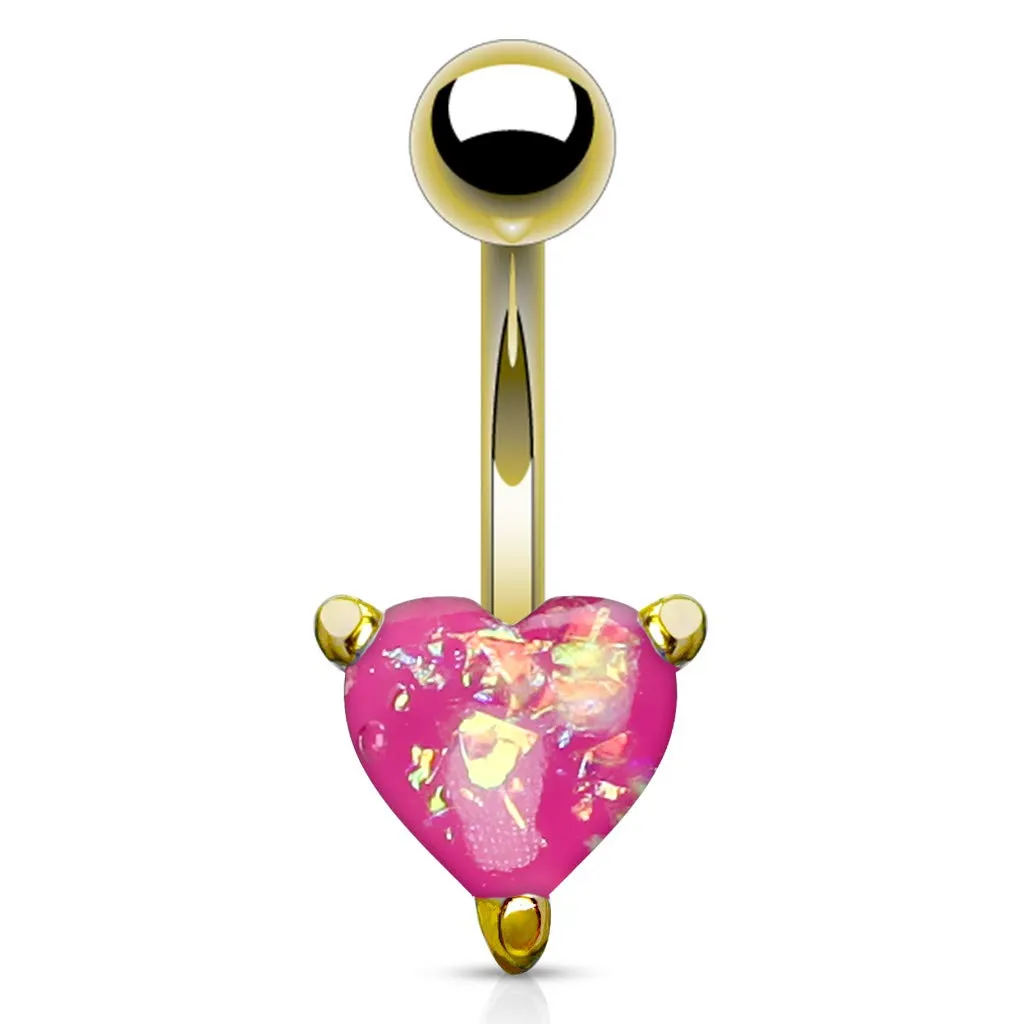 Opal Glitter Heart Prong Set Gold IP Over 316L Surgical Steel WildKlass Belly Button Navel Rings