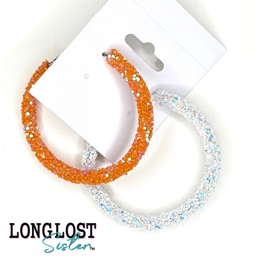 Orange and White Iridescent Glitter Hoop Earrings