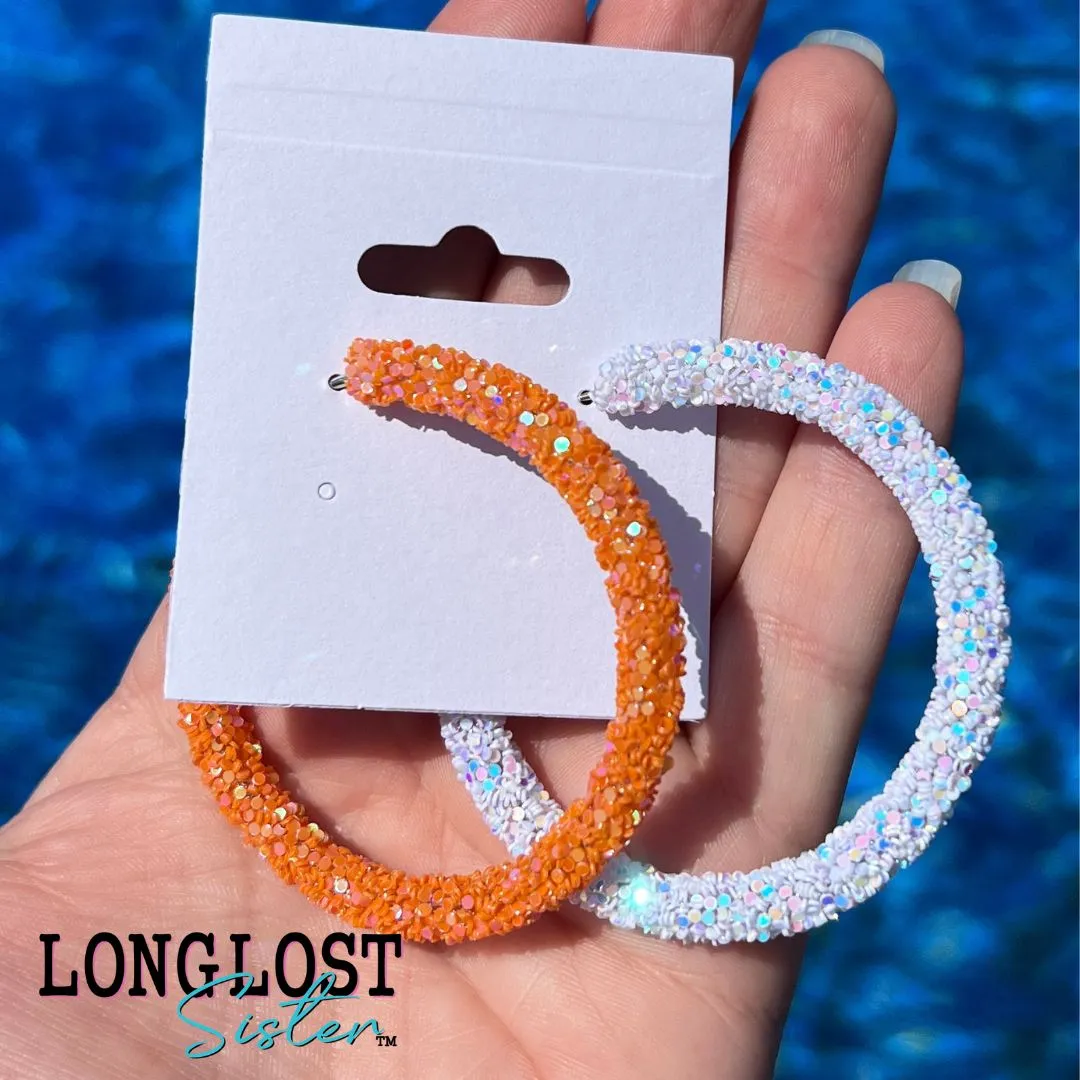 Orange and White Iridescent Glitter Hoop Earrings