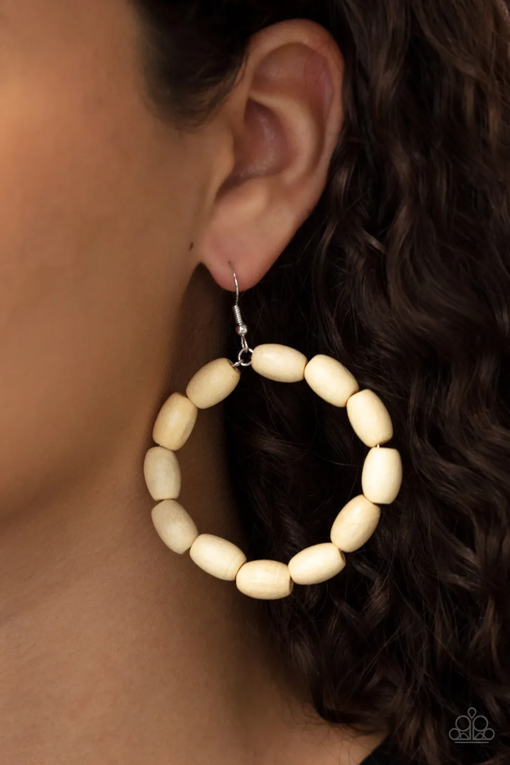 Paparazzi Living The WOOD Life - White Hoop Style Wooden Earrings