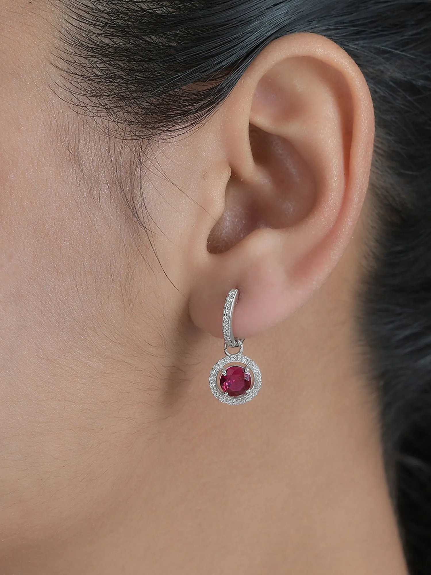 Red Ruby And American Diamond Halo Earrings In 925 Sterling Silver