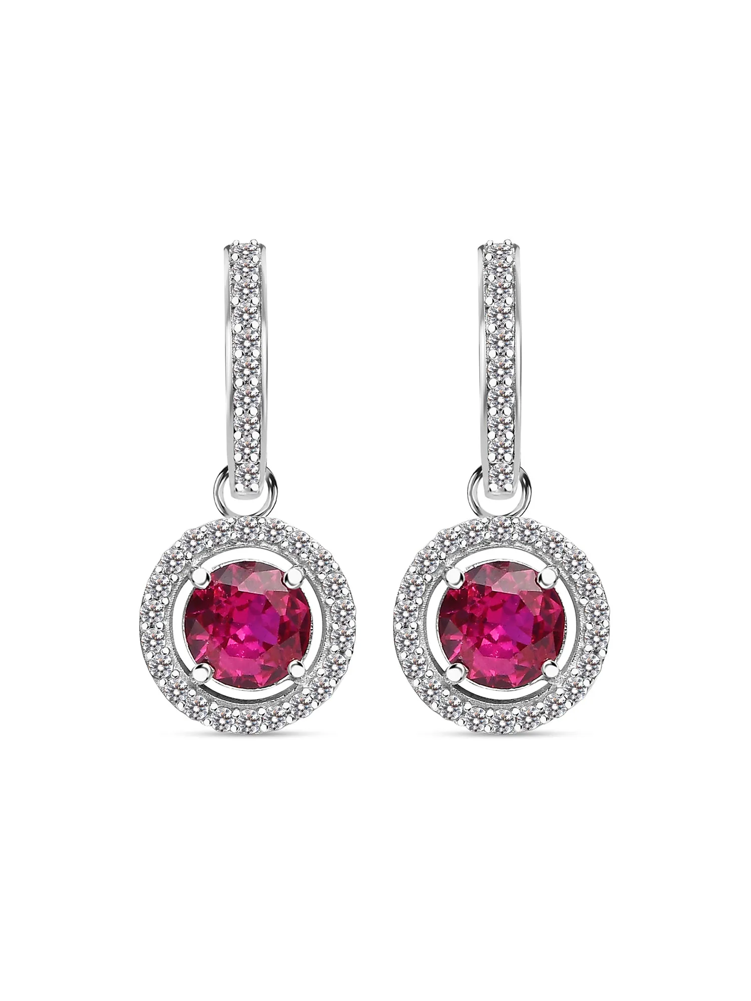 Red Ruby And American Diamond Halo Earrings In 925 Sterling Silver