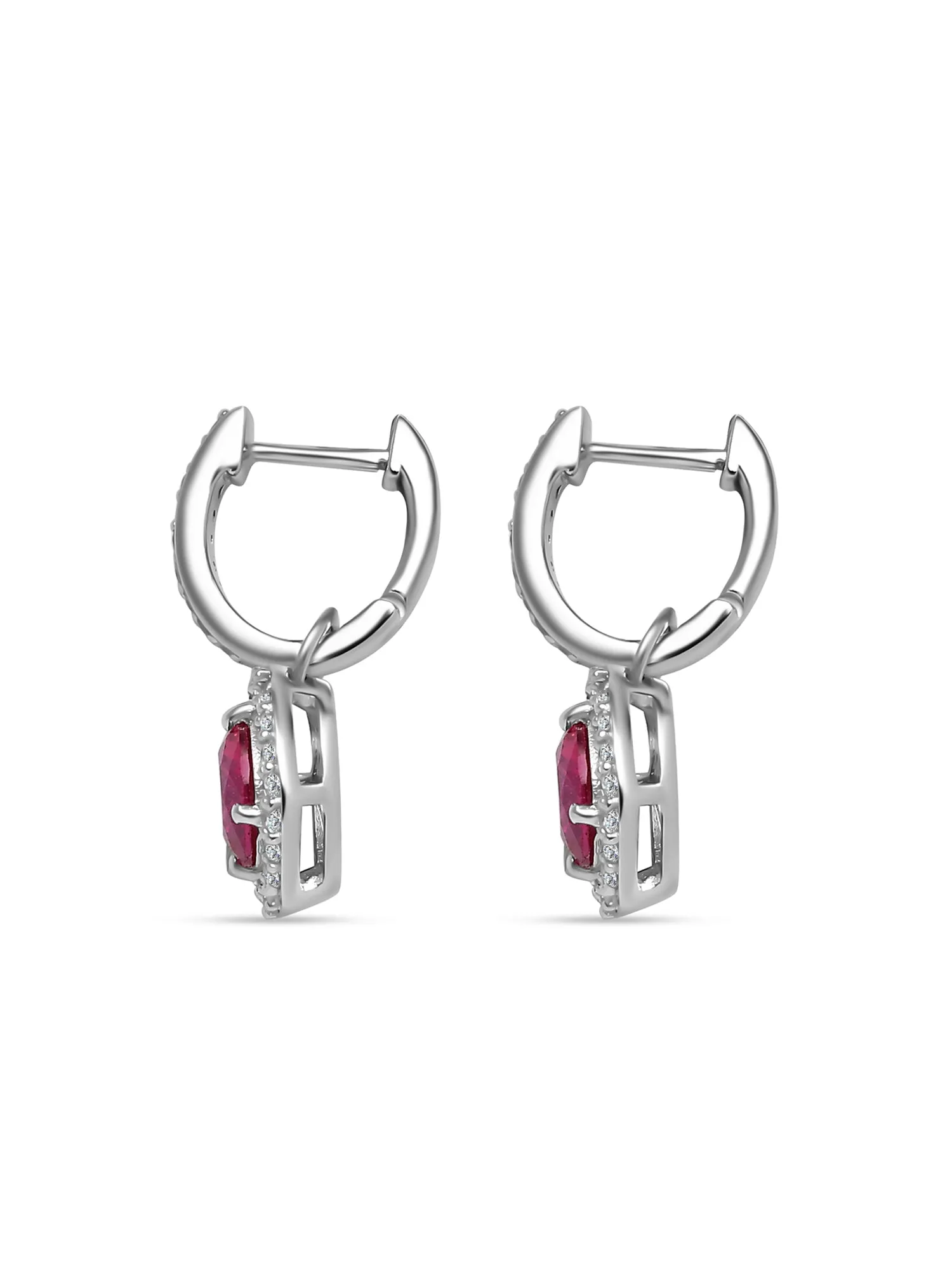 Red Ruby And American Diamond Halo Earrings In 925 Sterling Silver