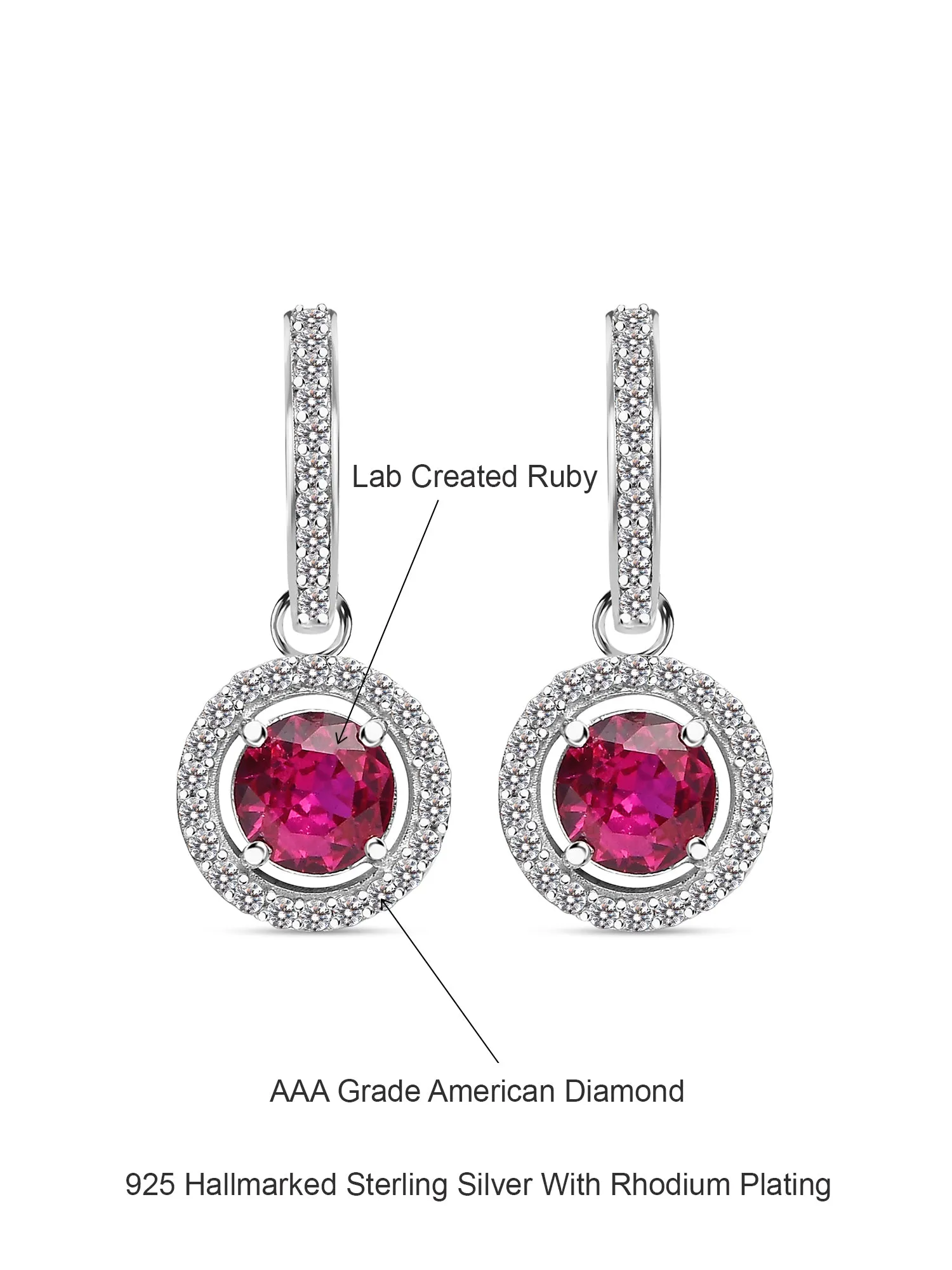 Red Ruby And American Diamond Halo Earrings In 925 Sterling Silver