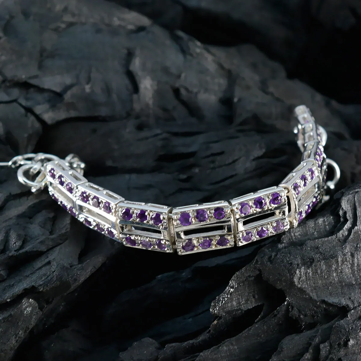 Riyo Exporter 925 Sterling Silver Bracelet For Girl Amethyst Bracelet Bezel Setting Bracelet with Fish Hook Link Charm Bracelet L Size 6-8.5 Inch.