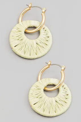 Sage Raffia Wrapped Disc Charm Hoop Earrings