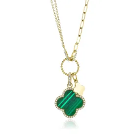 SHY CREATION 14K YELLOW GOLD MALACHITE DIAMOND CLOVER NECKLACE