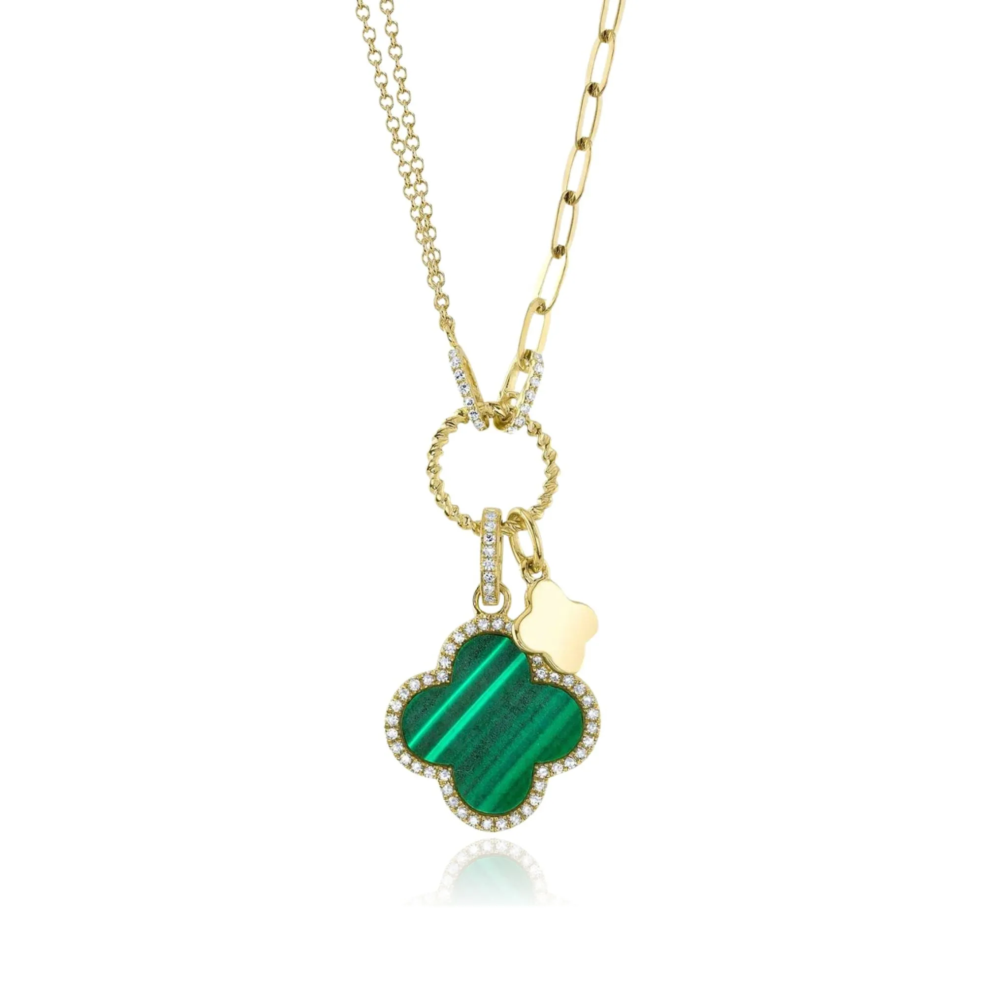 SHY CREATION 14K YELLOW GOLD MALACHITE DIAMOND CLOVER NECKLACE