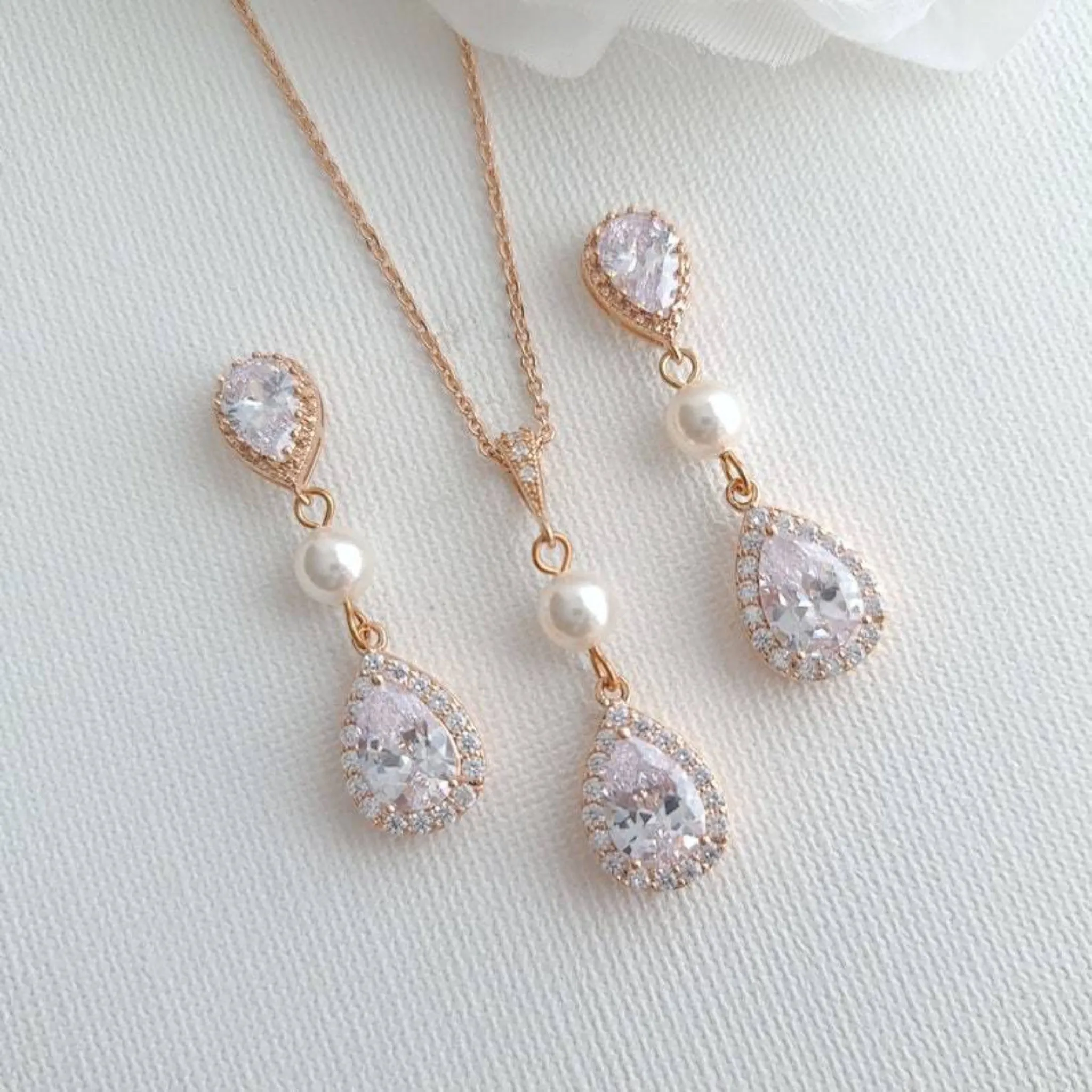 Small Pearl and Crystal Earring Necklace Set- Emma