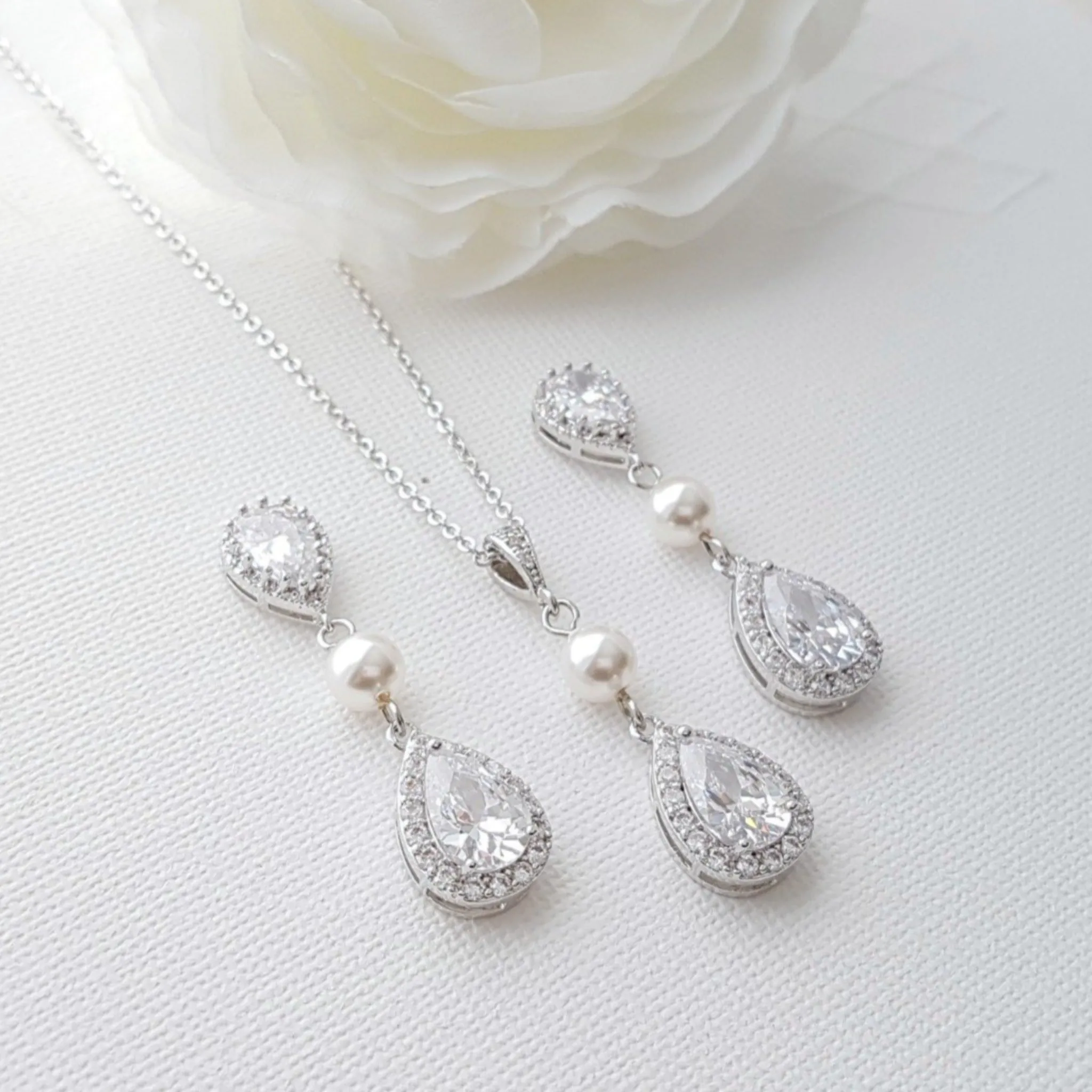 Small Pearl and Crystal Earring Necklace Set- Emma