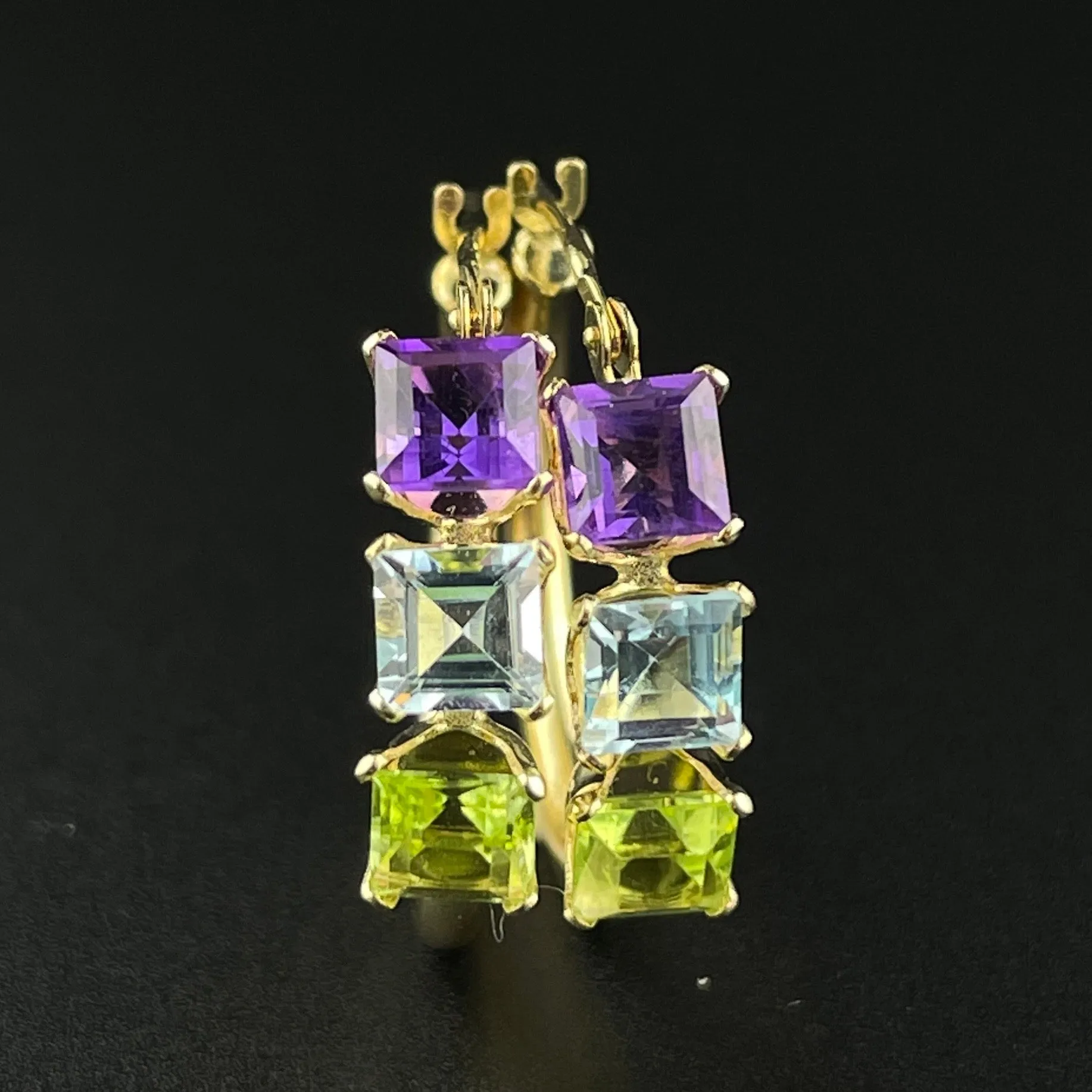 Solid 14K Gold Amethyst Peridot Blue Topaz Huggie Hoop Earrings