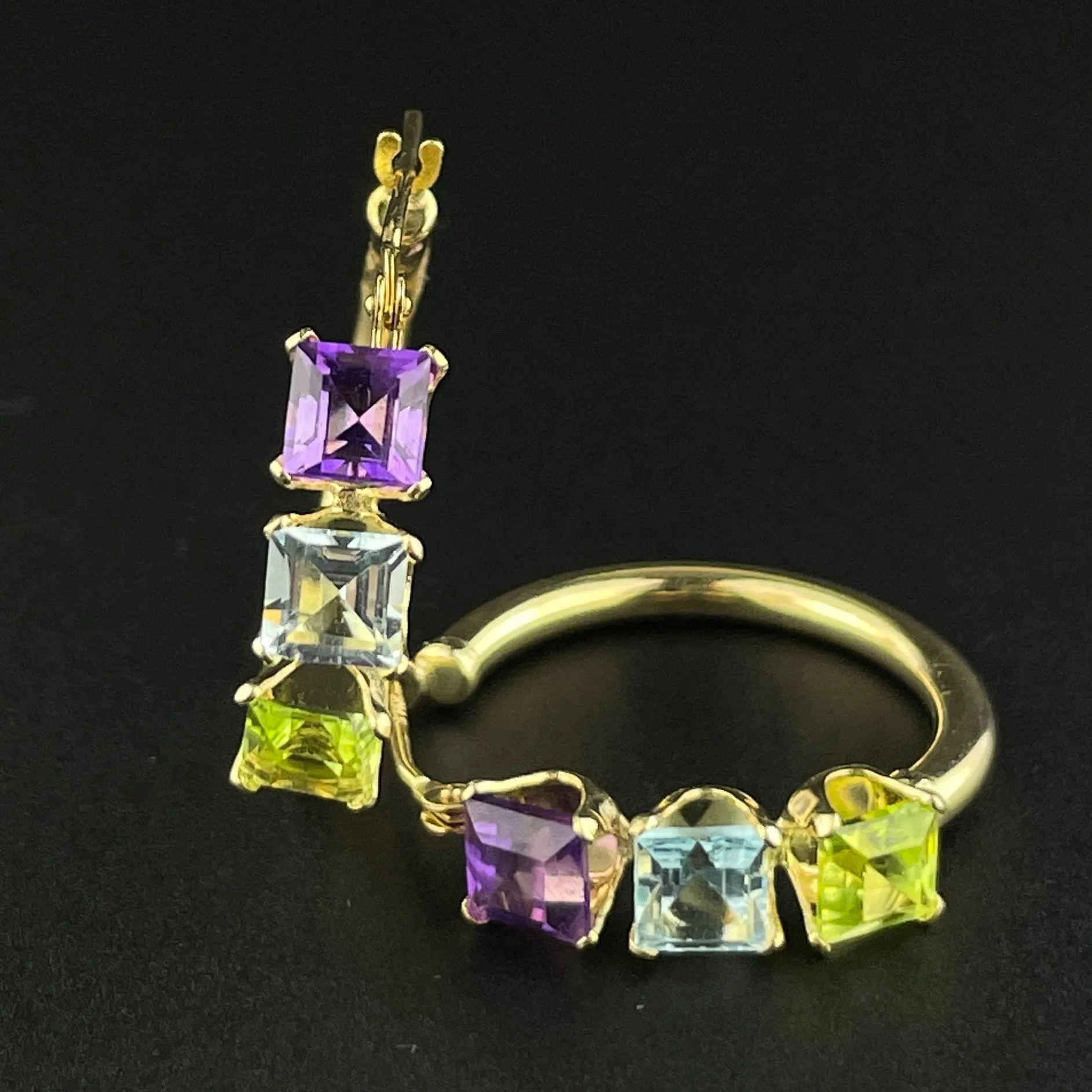 Solid 14K Gold Amethyst Peridot Blue Topaz Huggie Hoop Earrings