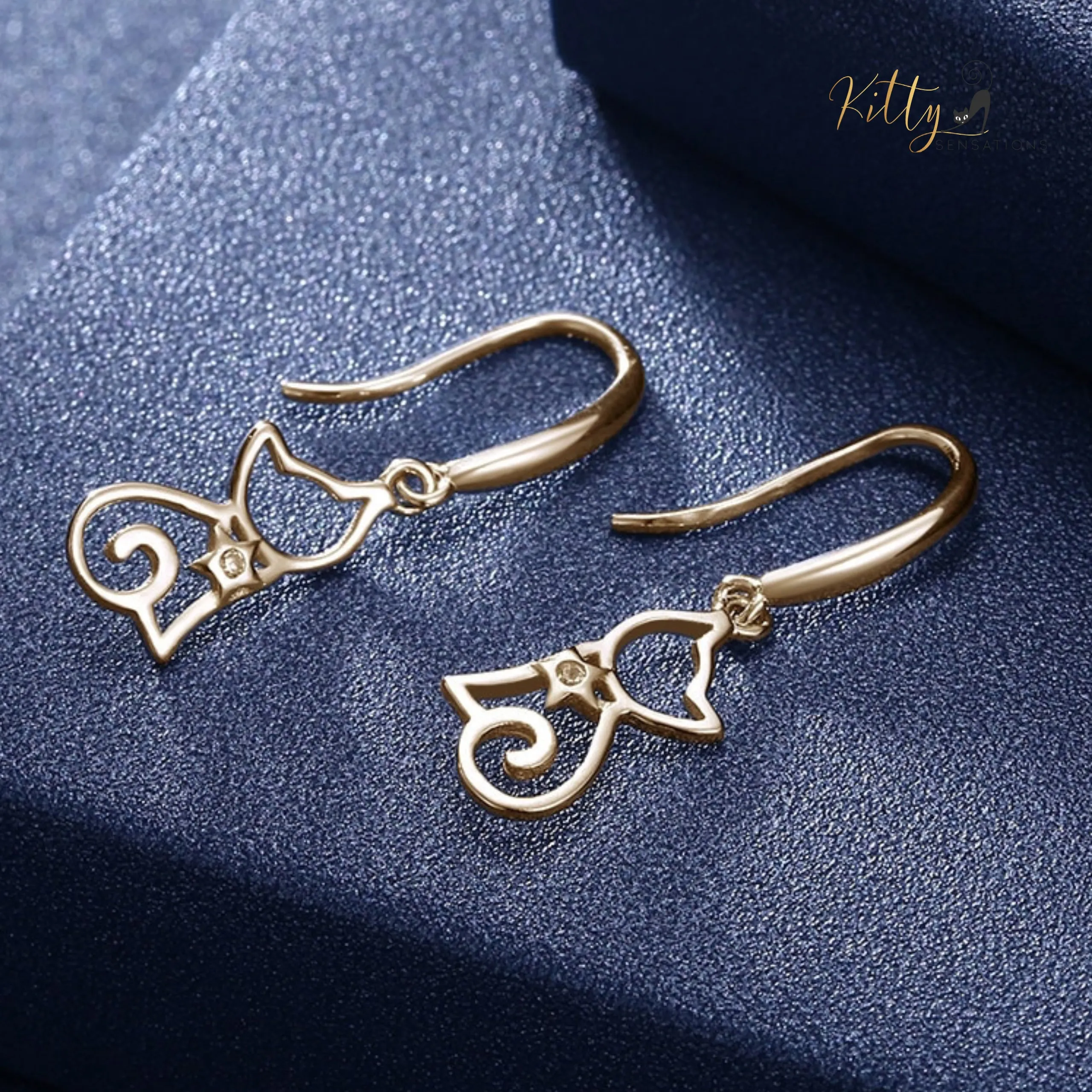 Star Heart Cat Drop/Hook Earrings in Solid 925 Sterling Silver