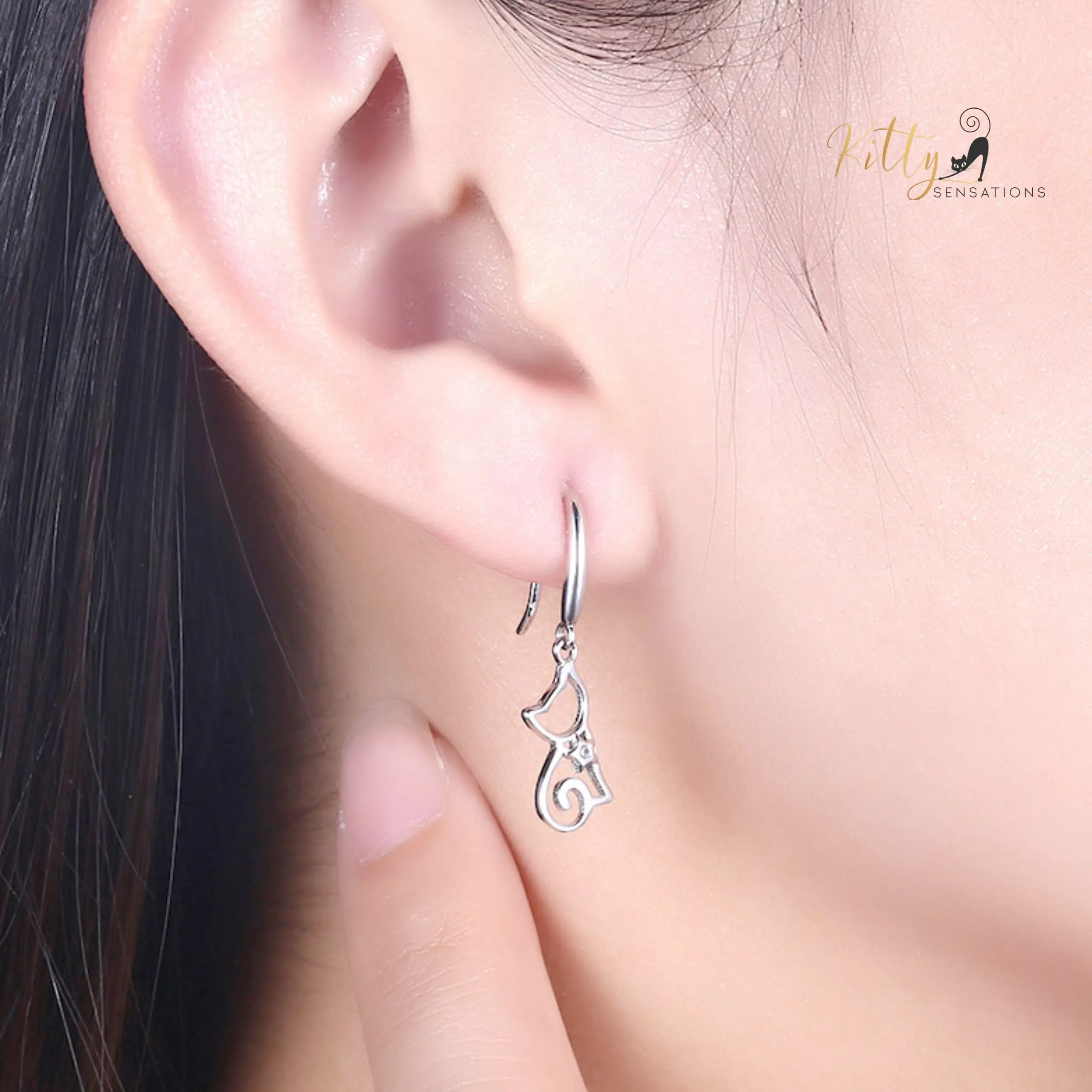 Star Heart Cat Drop/Hook Earrings in Solid 925 Sterling Silver