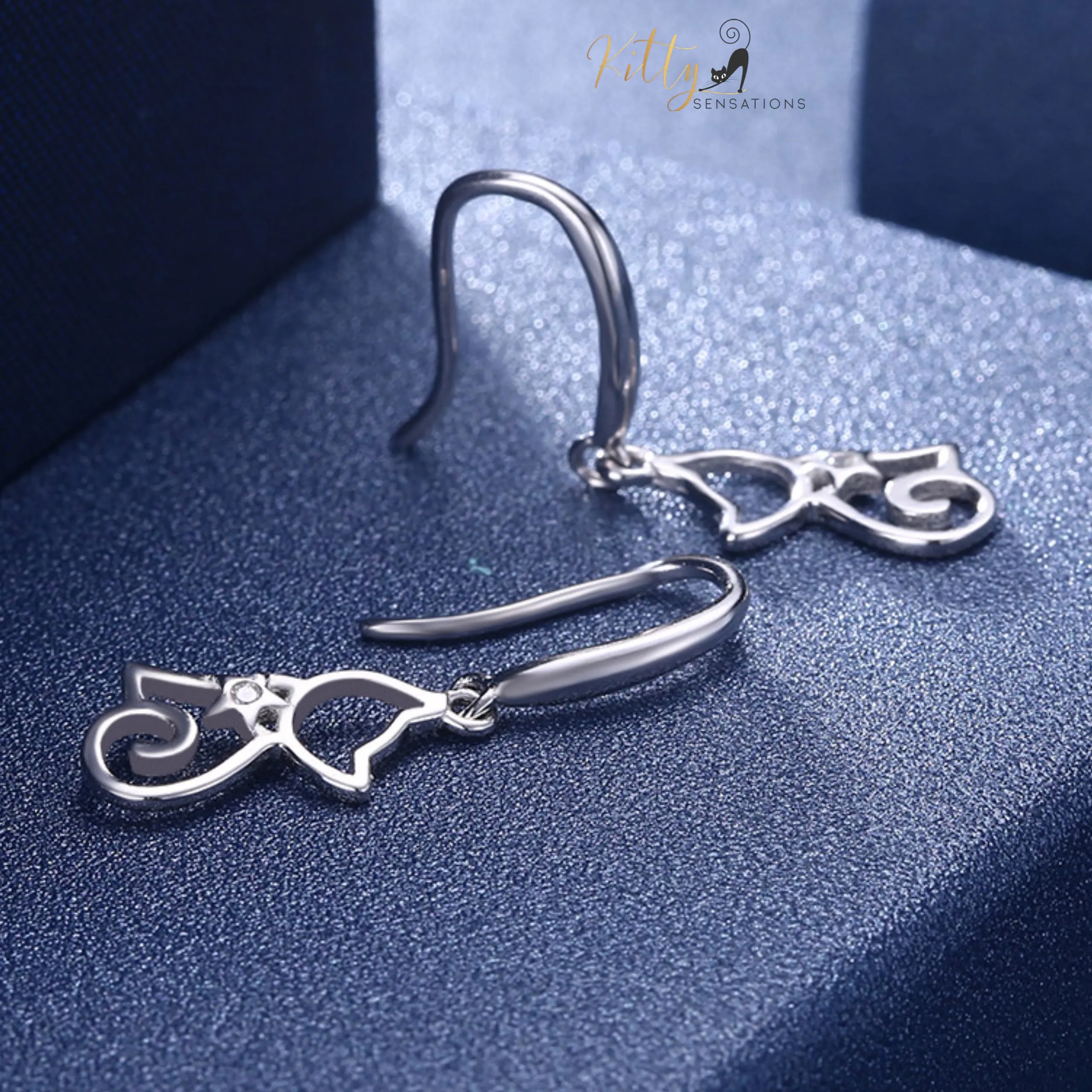 Star Heart Cat Drop/Hook Earrings in Solid 925 Sterling Silver