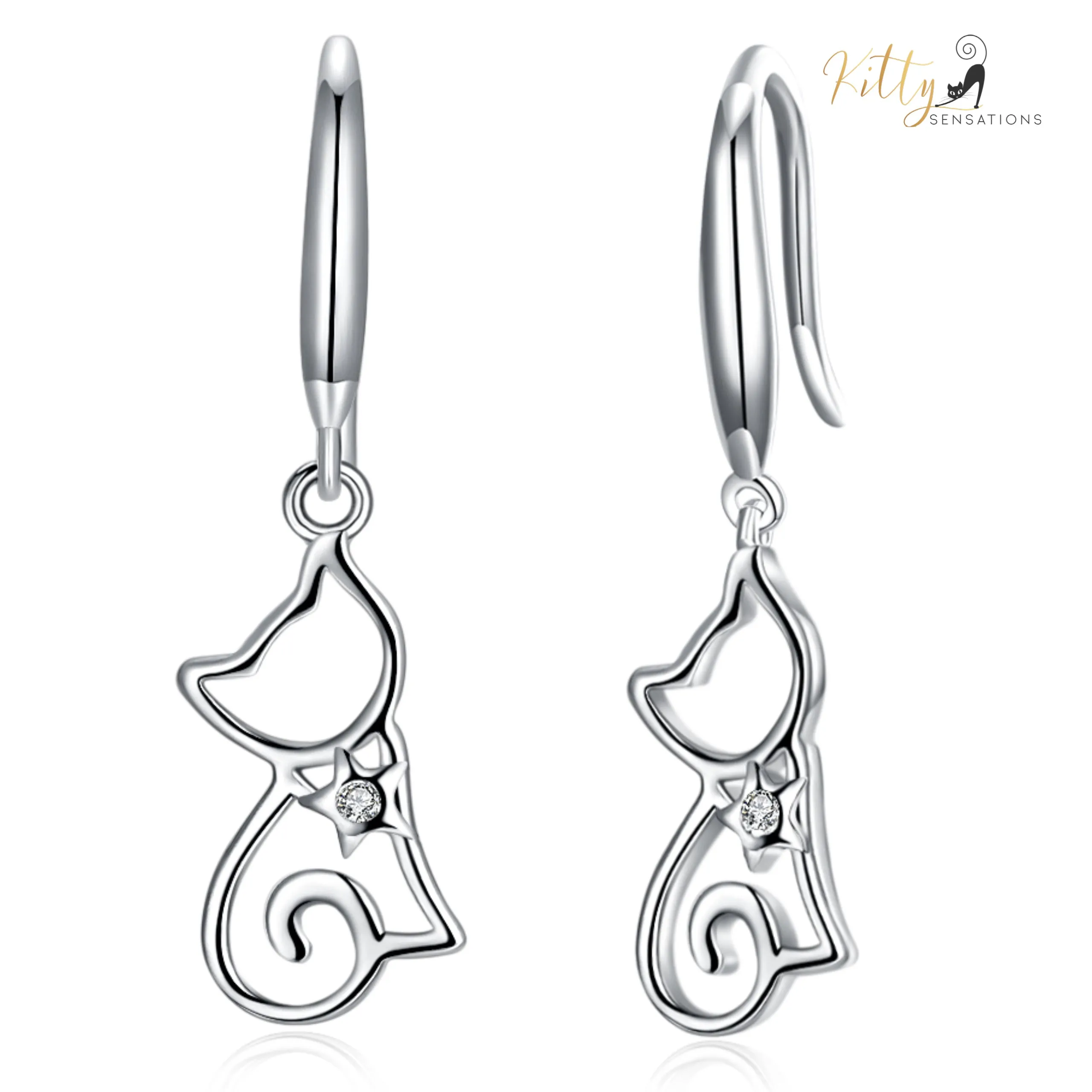 Star Heart Cat Drop/Hook Earrings in Solid 925 Sterling Silver