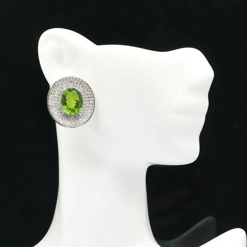 Sterling Silver Big Oval Peridot Micro-Pave CZ Stud Wedding Earrings