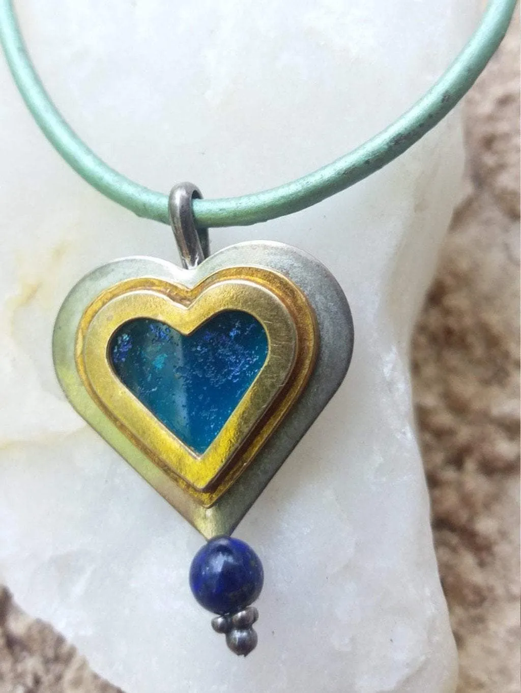 Sterling silver heart with roman glass pendant necklace.  Necklace for woman.