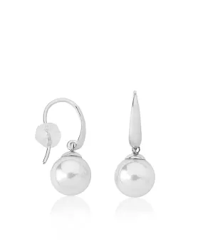 Sterling Silver Rhodium Plated Short Fish Wire Earrings, for Women with Organic Pearl, 10mm Round White Pearl, Nuada Collection