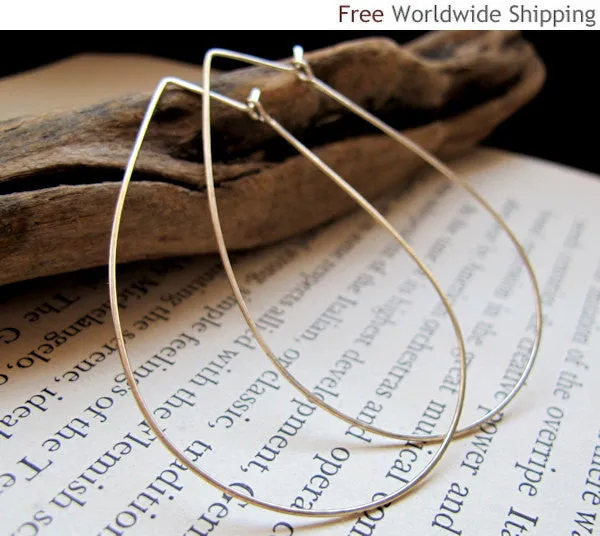 Sterling Silver Teardrop Hoops - Modern Hoop Earrings - Large Tear Drop Hammered Hoops - Geometric Jewelry - Teardrop Earrings / Fashion