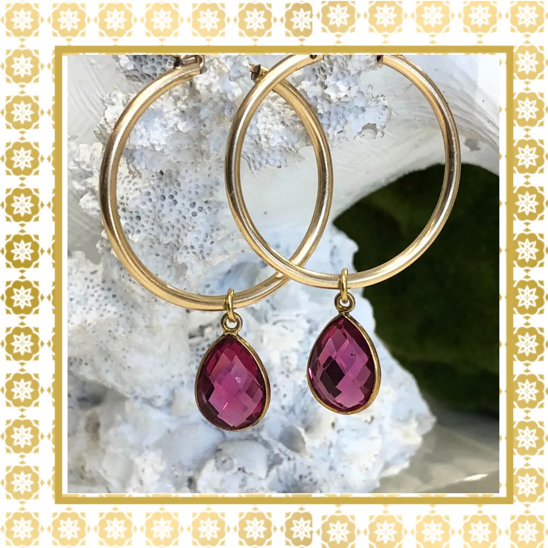 Teramasu 14K Gold Filled Hoop Earring Fuchsia Teardrop Dangle