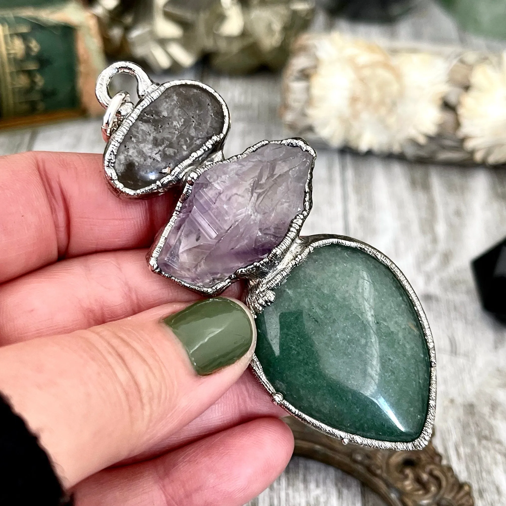 Three Stone Green Aventurine Raw Purple Amethyst Grey Tourmaline Quartz Necklace in Fine Silver / Foxlark Collection - One of a Kind Jewelry