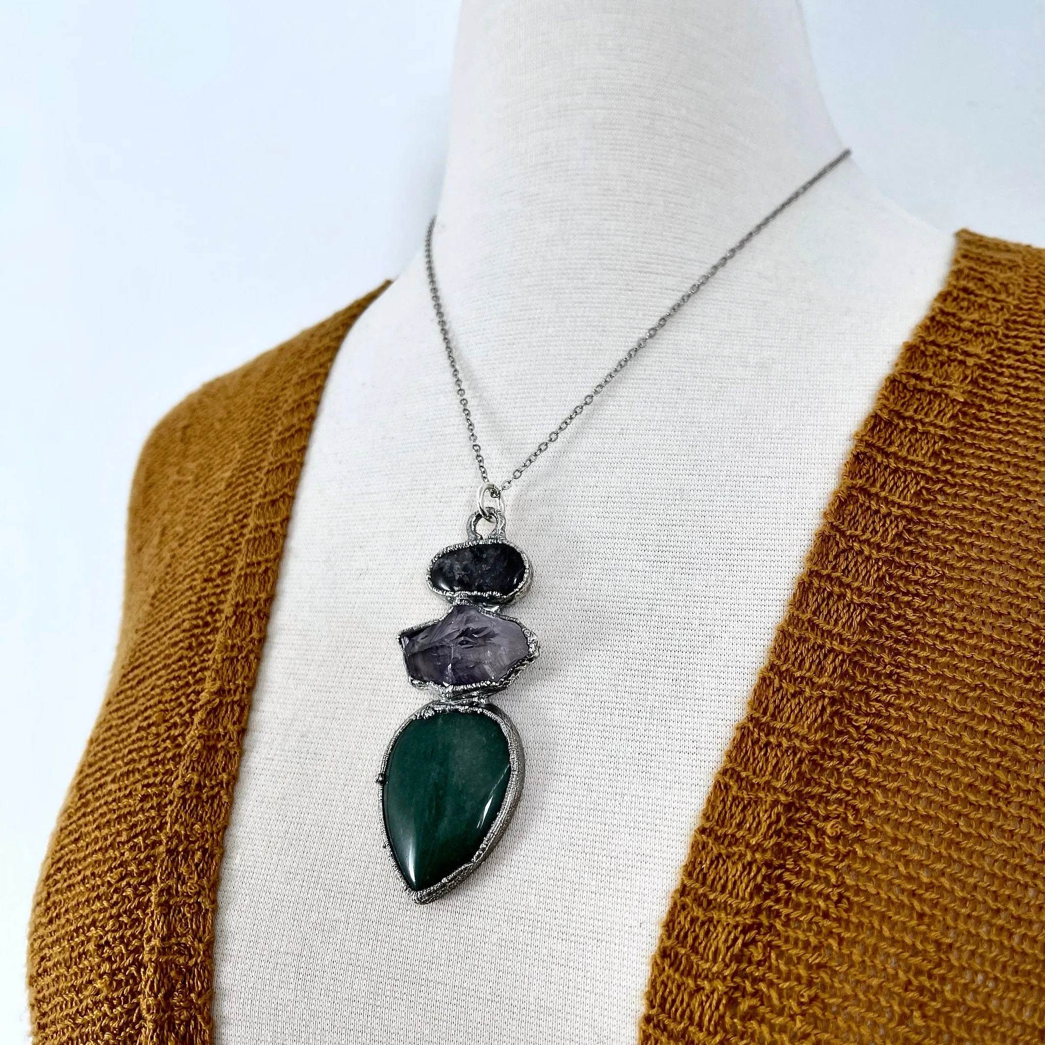 Three Stone Green Aventurine Raw Purple Amethyst Grey Tourmaline Quartz Necklace in Fine Silver / Foxlark Collection - One of a Kind Jewelry