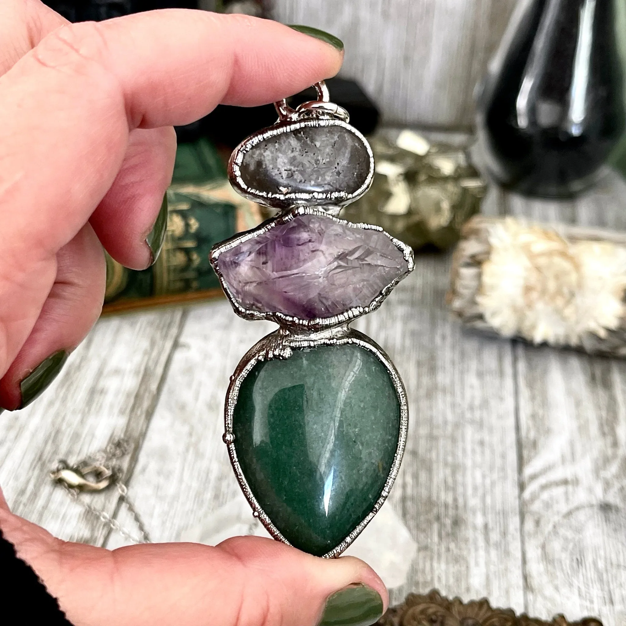 Three Stone Green Aventurine Raw Purple Amethyst Grey Tourmaline Quartz Necklace in Fine Silver / Foxlark Collection - One of a Kind Jewelry