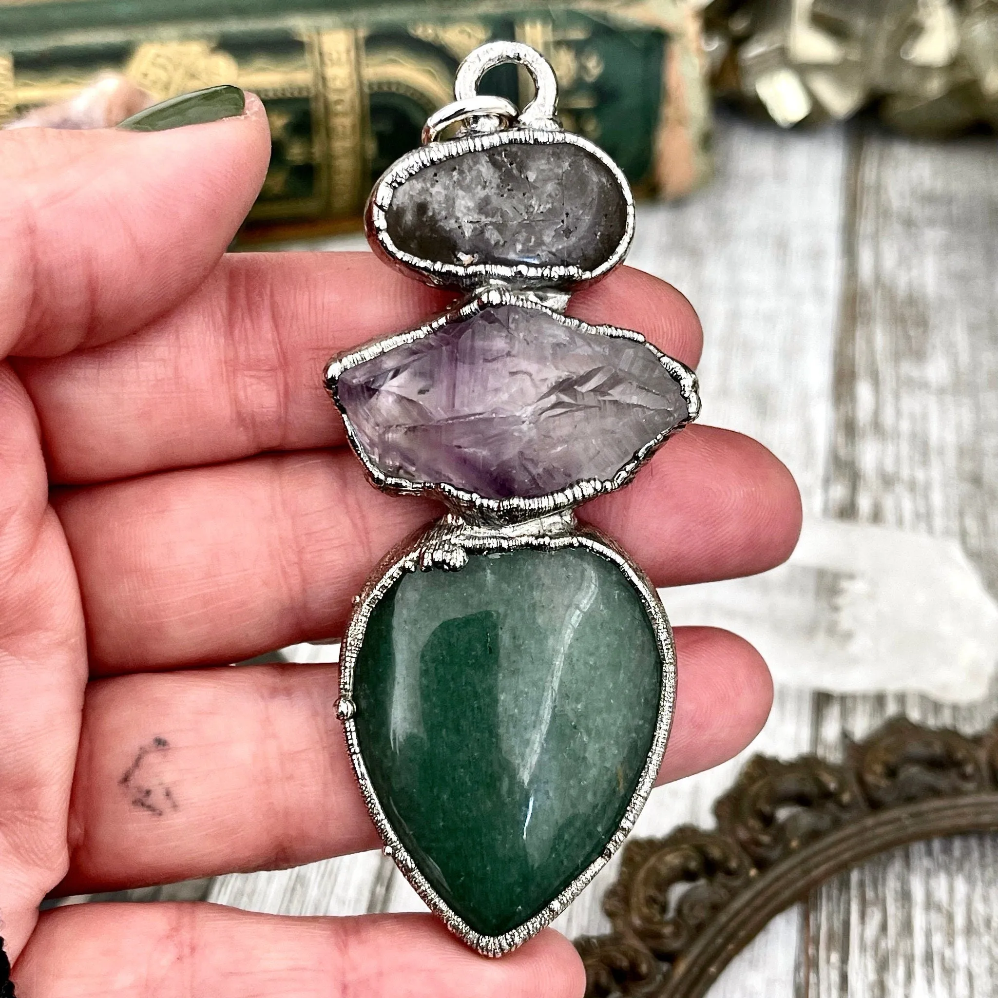 Three Stone Green Aventurine Raw Purple Amethyst Grey Tourmaline Quartz Necklace in Fine Silver / Foxlark Collection - One of a Kind Jewelry