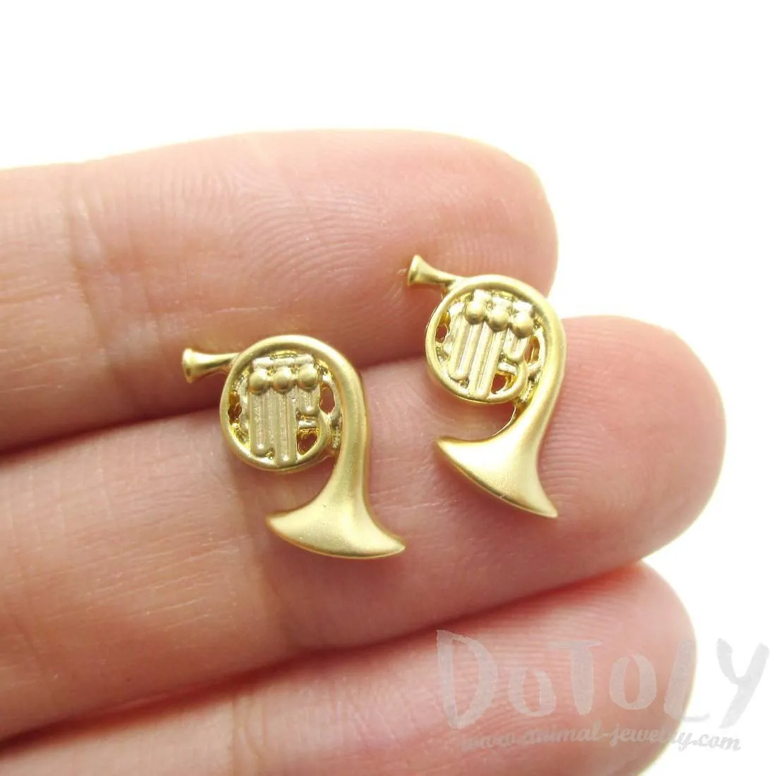 Tiny French Horn Shaped Stud Earrings in Gold | Music Themed Jewelry