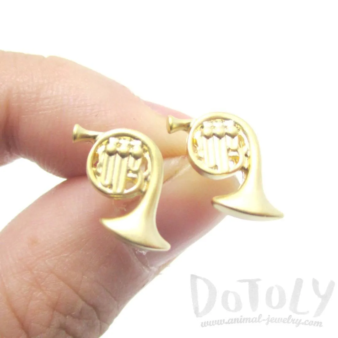 Tiny French Horn Shaped Stud Earrings in Gold | Music Themed Jewelry